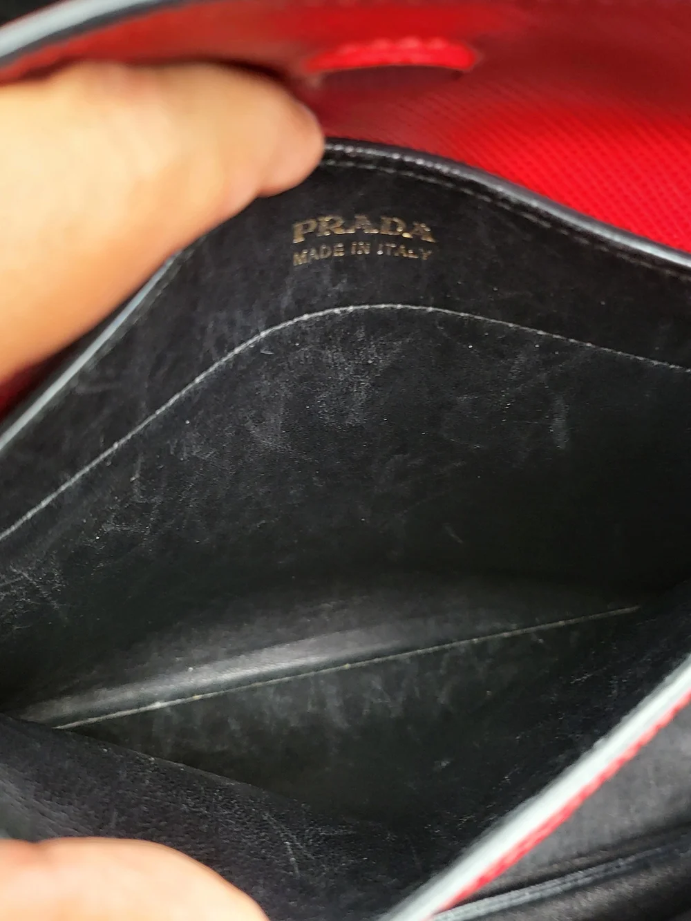 PRADA Saffiano Cuir Medium Double Bag in Fuoco & Black, Authentic w/COA.